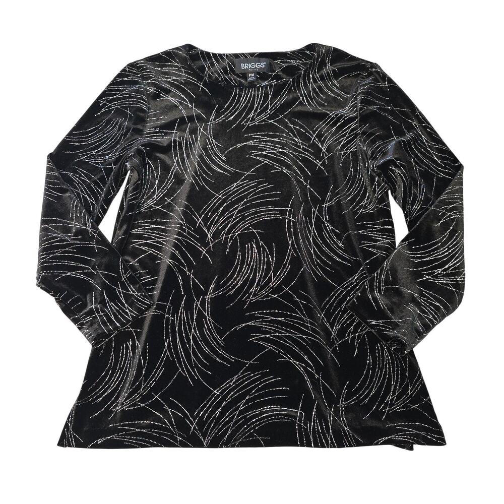 Briggs Petite Top Womens Medium Black Silver Glitter Velvet Velour Holiday Party
